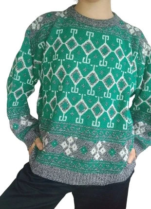 Pull jacquard graphique vert multicolore vintage, marque: Vintage Dressing, état: Très bon état, taille: M / 38 / 10, 18,00 €, 19,60 € Protection acheteurs (Pro) incluse