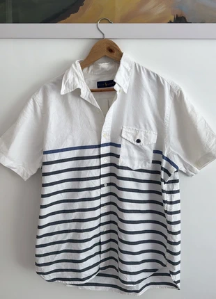 Chemise Ralph Lauren homme à manches courtes, rayée bleu et blanc, taille L, avec petite poche, marque: Ralph Lauren, état: Très bon état, taille: L, 10,00 €, 11,20 € Protection acheteurs incluse