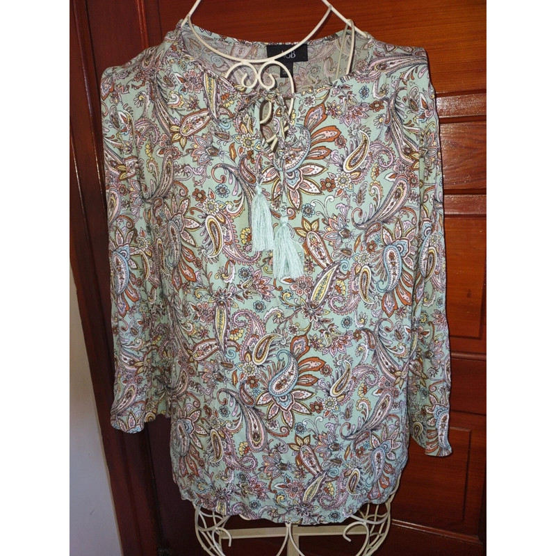 Women Top L Teal Floral Paisley Shirt 3/4 Sleeve Boho Tee Peasant Blouse Fringe 1