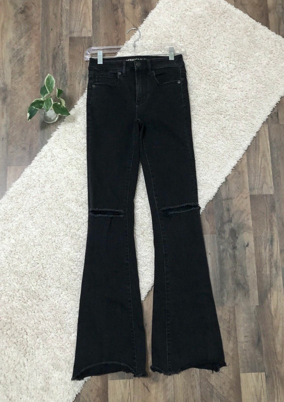 American Eagle Size 2 X-Long Black Distressed High Rise Slim Flare Jeans 1