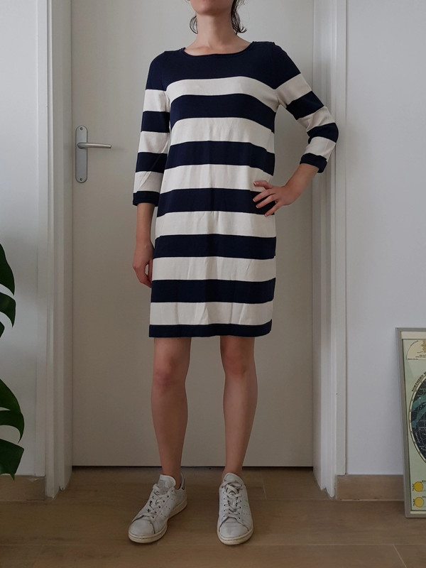 Robe pull H&M 100% coton style marinière rayée bleu blanc taille S manches 3/4 1