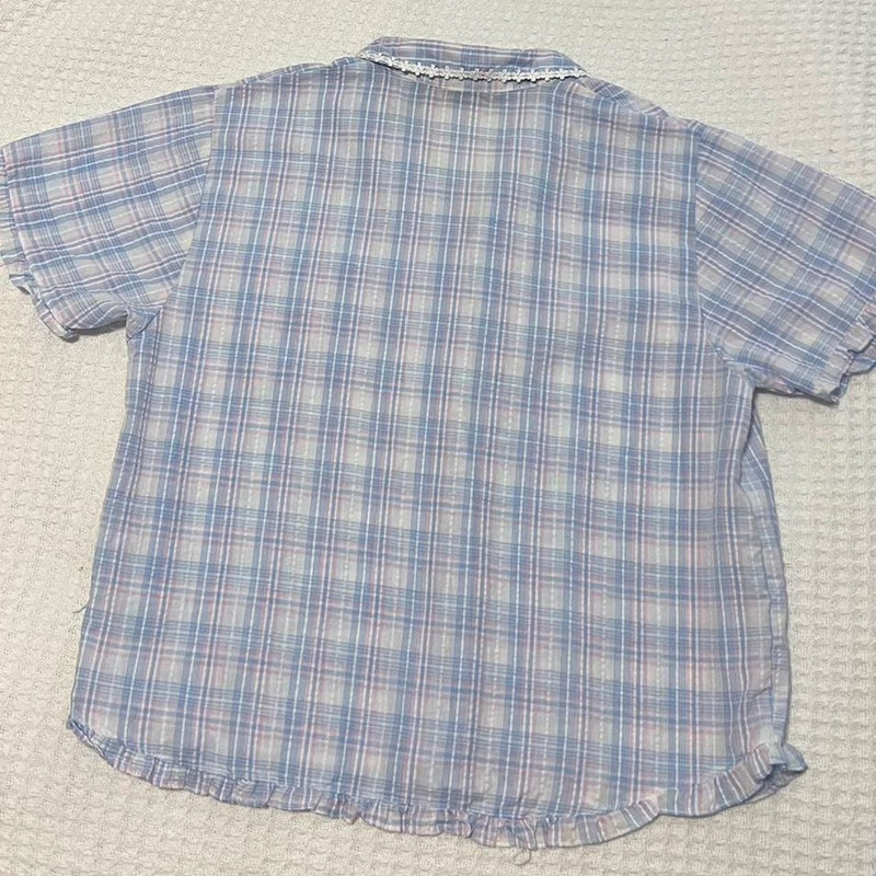 Vintage Blue & Pink Plaid Embroidered Bow Button Up Pajama Top 🎀 4