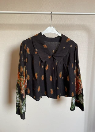 Blouse courte légère noire à motifs orangés, marque: inconnue, état: Neuf sans étiquette, taille: S / 36 / 8, 2,00 €, 2,80 € Protection acheteurs incluse