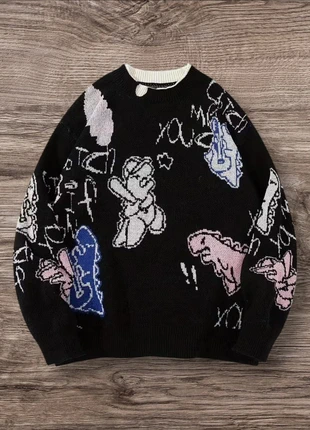 Pull Vintage Noir Bleu Dinosaures Taille L - Grunge 90s Y2K Knit Streetwear Retro Oversize, brand: y2k, condizioni: Ottime, taglia: L, €58.99, €62.64 include la Protezione acquisti Pro