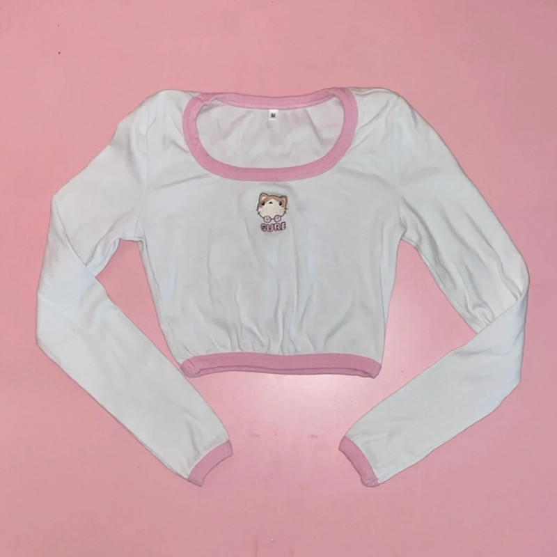 Aliexpress “Sure” Cat Embroidered Long Sleeve Contrast Crop Top 1