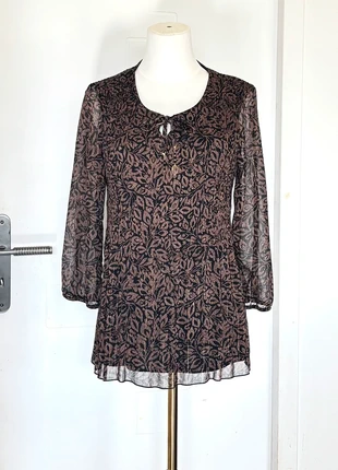 🌿 Blouse fluide transparente noire & marron à motifs feuilles dorés - détails perles & pampilles, marke: Boheme, zustand: Sehr gut, größe: M / 38 / 10, 8,00 €, 9,10 € inklusive Vinted-Käuferschutz