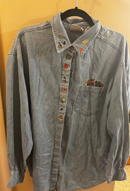 Embroidered autumn chambray denim button up shirt 2