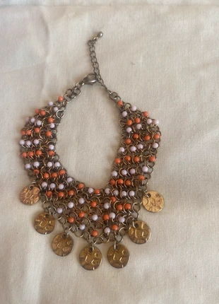 Boho Statement Bracelet with Orange & Lilac Beads + Gold Coin Charms – Adjustable, brand: Source Unknown, condition: Good, €3.50, €4.38 includes Buyer Protection