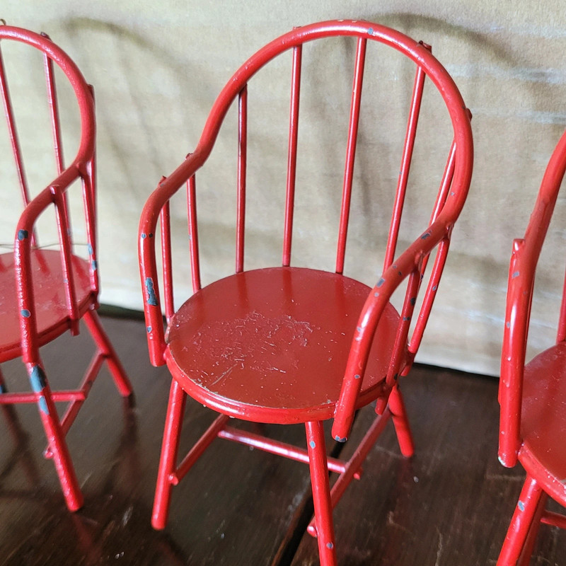 Vintage Midwest Taiwan Christmas Red Metal Lot Of 3 Doll Chair Furniture 3