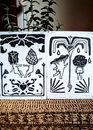 Duo Linogravures champignons et fleur 🌻🍄, marque: Art, état: Neuf sans étiquette, 9,00 €, 10,15 € Protection acheteurs incluse