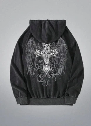 Pull sweat zip noir avec dessin style gotique, marque: Aesthetic, état: Neuf sans étiquette, taille: S, 37,00 €, 39,55 € Protection acheteurs incluse