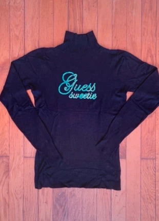 Pull Guess vintage à col roulé, inscription en sequins turquoise, taille S / M, marque: GUESS, état: Bon état, taille: M / 38 / 10, 16,00 €, 17,50 € Protection acheteurs incluse