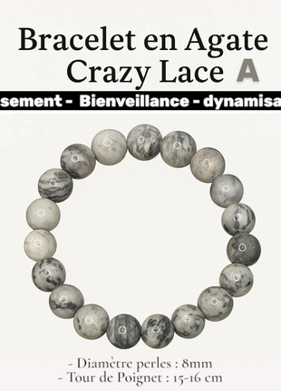Bracelet boules diam 8mm, Agate Crazy Lace grise, taille 0, état: Neuf avec étiquette, 6,00 €, 7,00 € Protection acheteurs (Pro) incluse