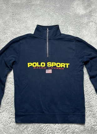Half-Zip bleu marine  Ralph Lauren avec logo floqué sur le centre taille S, brand: Ralph Lauren, condition: Very good, size: S, €35.00, €37.45 includes Buyer Protection Pro