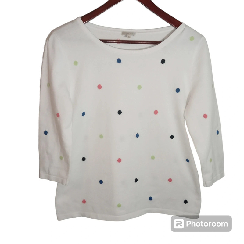 Talbot's White Crewneck Sweater with polka dots 100% Cotton Size M 3