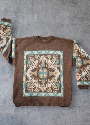 Gros pull oversize en laine et acrylique – marron clair & turquoise Taille L/XL Made in France 🇫🇷, estado: Muy bueno, tamaño: XL, 24,00 €, 25,90 € Protección al comprador incluida