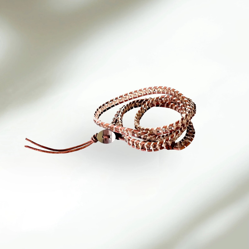 Tan Leather Corded Crystal Wrap Bracelet 1