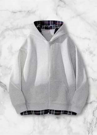 Veste à capuche grise zippée doublée motif à carreaux taille M style streetwear vintage Y2K, marque: y2k, état: Très bon état, taille: M, 40,00 €, 42,70 € Protection acheteurs (Pro) incluse