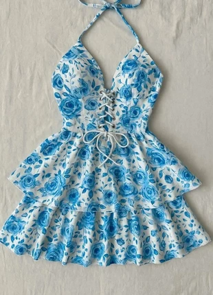 Robe bustier blanche à fleurs bleues – dos nu & volants, brand: bleuet sauvage, condition: Very good, size: S / 36 / 8, €34.99, €37.44 includes Buyer Protection
