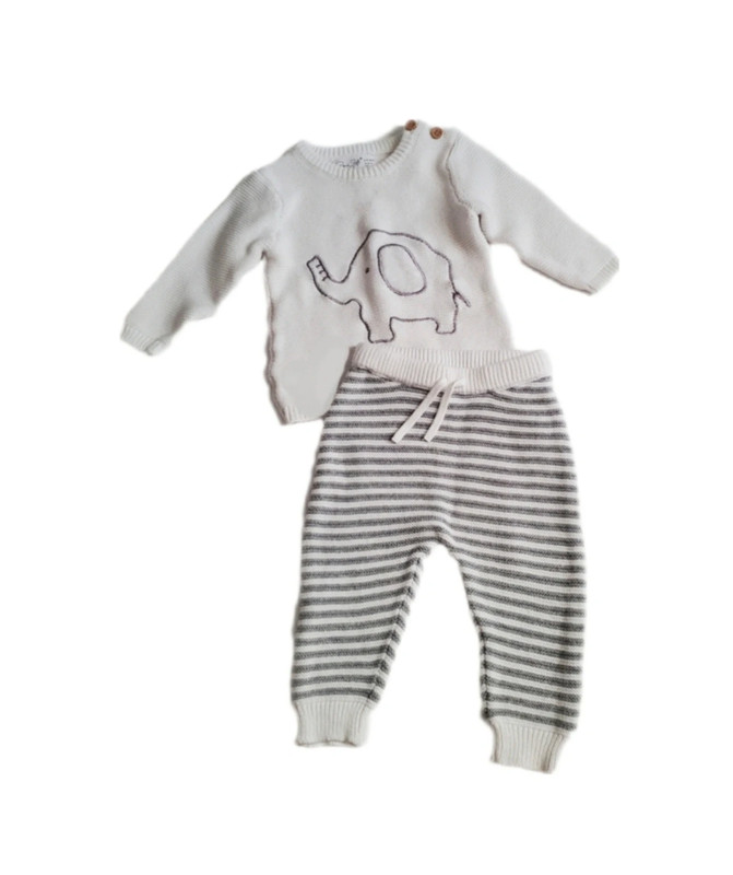 Rene Rofe 2Pc Baby Knit Elephant Long Sleeve Sweater & Stripe Jogger Set 6-9M 1