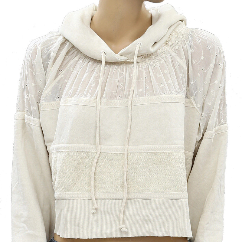 Free People Piper Pieced Crop Hoodie Top Eyelet Sweatshirt Peasant S New 224581 2