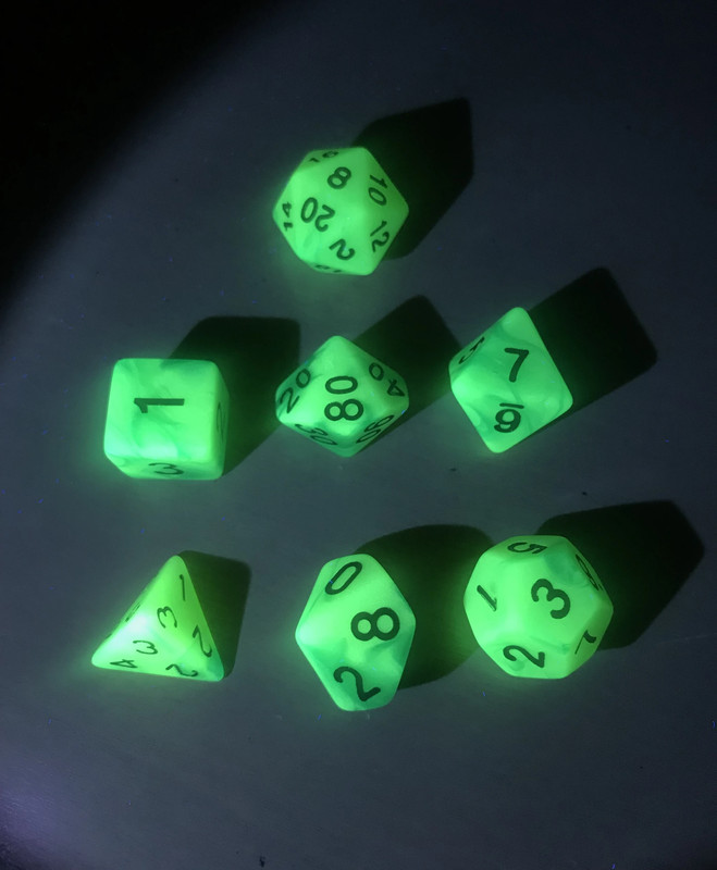 Set 7 Dadi Verdi fluorescenti al buio + bonus / 7 Dice Set Green Glow-in-the-dark + bonus 3