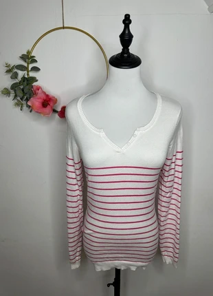 Pull fin femme Camaïeu marinière rayures fushia blanc col V dégagé taille S/M, brand: Camaïeu, condition: Very good, size: S / 36 / 8, €2.50, €3.33 includes Buyer Protection