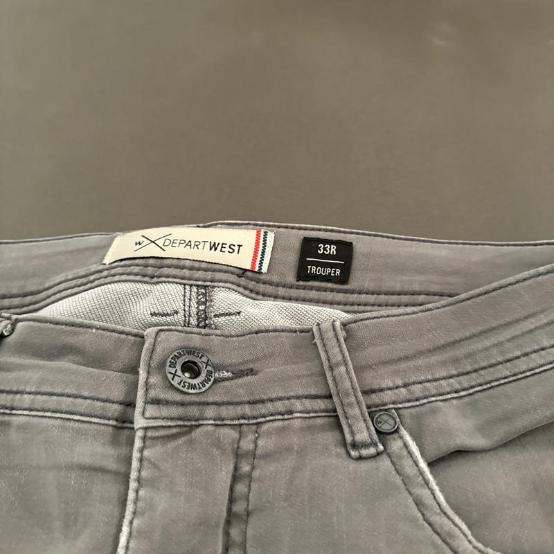 grey straight leg jeans. brand is depart west 3