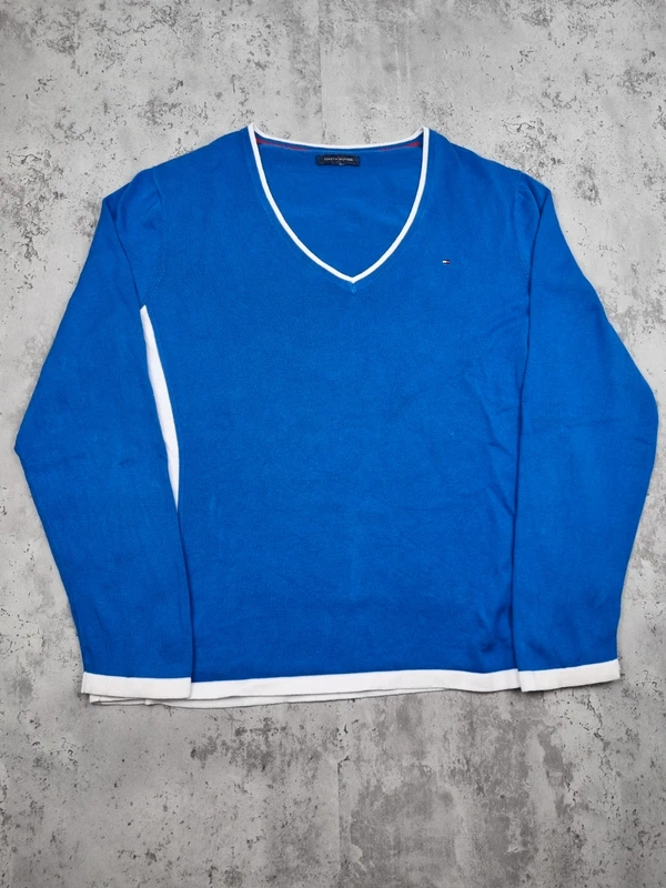 Pull col V Tommy Hilfiger Bleu – Taille XL Femme (mesures en photos) - photo numéro 3