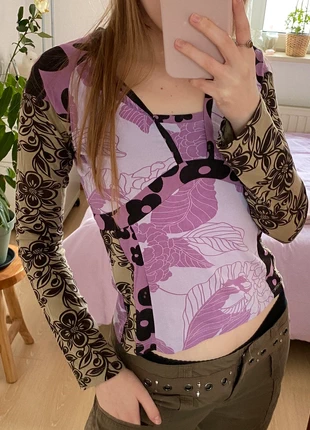 vintage y2k retro purple beige & brown multi patterned longsleeve, merk: Vintage, staat: Heel goed, maat: S / 36 / 8, € 13,00, € 14,35 inclusief Kopersbescherming