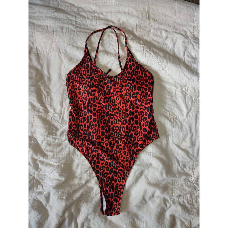 EUC Sz Large Red Black Leopard Animal Print Swimsuit Swimming Costume 2