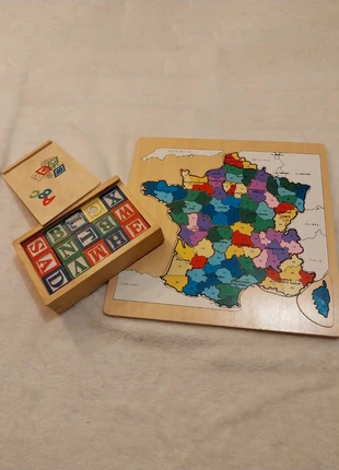 Lot Jeux éducatifs | Cube bois nombres & lettres • Puzzle en bois Carte de France, condition: Very good, size: 12-18 months / 80 cm, €6.99, €8.04 includes Buyer Protection