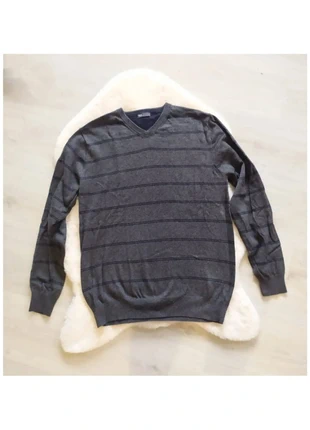 Pull gris foncé à rayures col V en coton et cachemire taille L, merk: TEX, staat: Heel goed, maat: L, € 10,00, € 11,20 inclusief Kopersbescherming