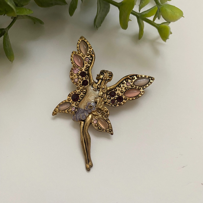 Vintage gold pink purple whimsical garden fairy pin 3