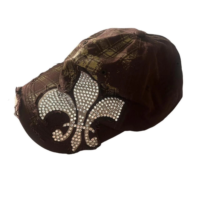 Vintage 2000s cybery2k brown rhinestone bedazzled fleur de lis hat with green plaid details 1