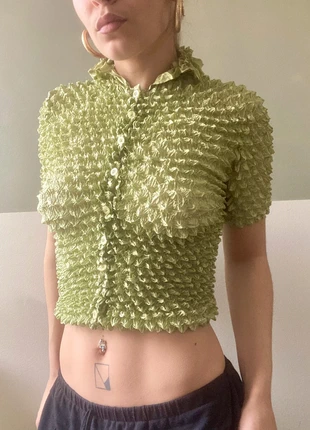 Top chemisier plissé vert anis, style vintage, marque: sans marque, état: Très bon état, taille: S / 36 / 8, 10,00 €, 11,20 € Protection acheteurs incluse
