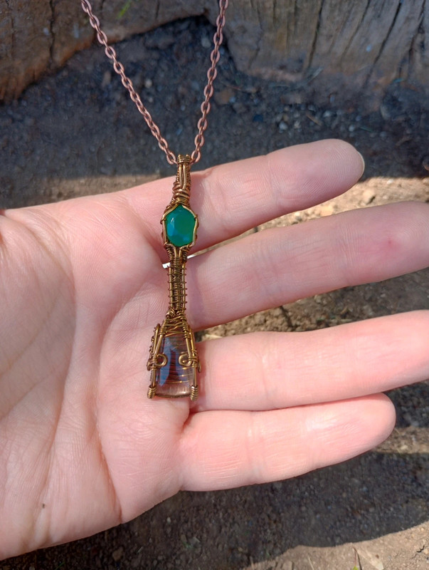 Green Onyx and Smoky Rutile Quartz Copper Necklace 1