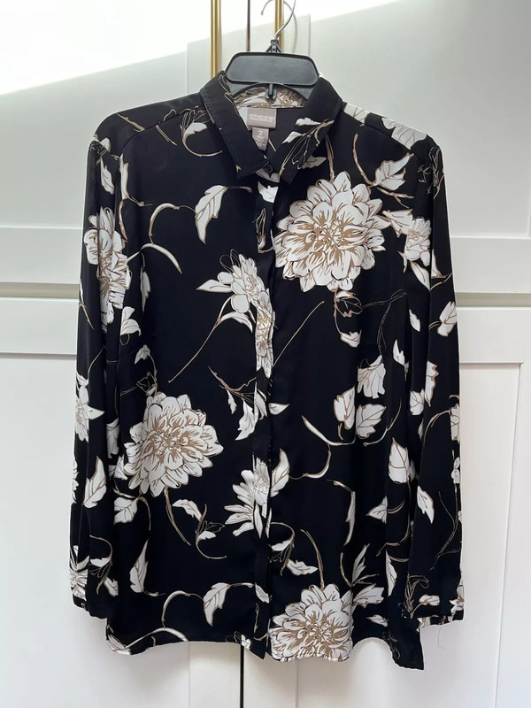 Chico's Black Floral Dark Academia Button Down Blouse Women's Sz 12 Long Sleeve 2