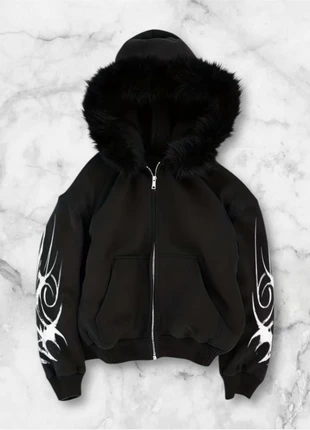 Veste à capuche noire M, bomber hoodie fourrure, blouson streetwear Y2K goth, marque: y2k, état: Très bon état, taille: M, 40,00 €, 42,70 € Protection acheteurs (Pro) incluse