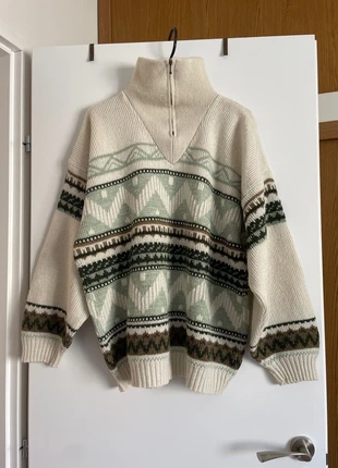 Pull jacquard vintage laine 60% col cheminée zippé made in France coupe loose, brand: Vintage Dressing, condition: Very good, size: XL / 42 / 14, €28.00, €30.10 includes Buyer Protection