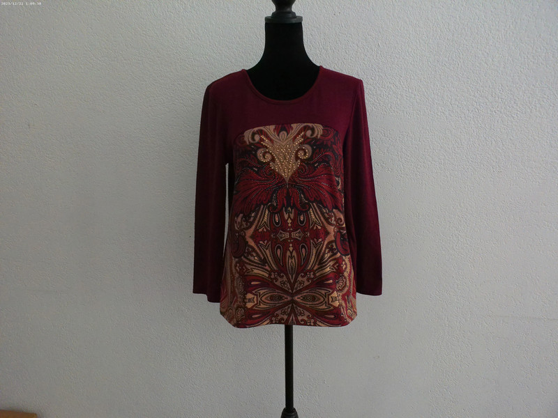 Dark Plum floral Long sleeve blouse, with gold, silver and red 3