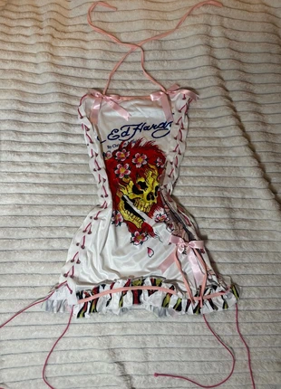 Custom made Ed hardy print mini dress lace up coquette pink bow y2k 2000s mcbling, brand: Ed Hardy, condition: Very good, size: S / 8, £45.00, £47.95 includes Buyer Protection