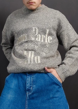 Pull Long Vintage 80s en Maille Chiné Beige à Motifs "Fleurs" et Texte Brodé (L/XL), brand: Vintage Dressing, condition: Very good, size: L, €24.00, €25.90 includes Buyer Protection Pro