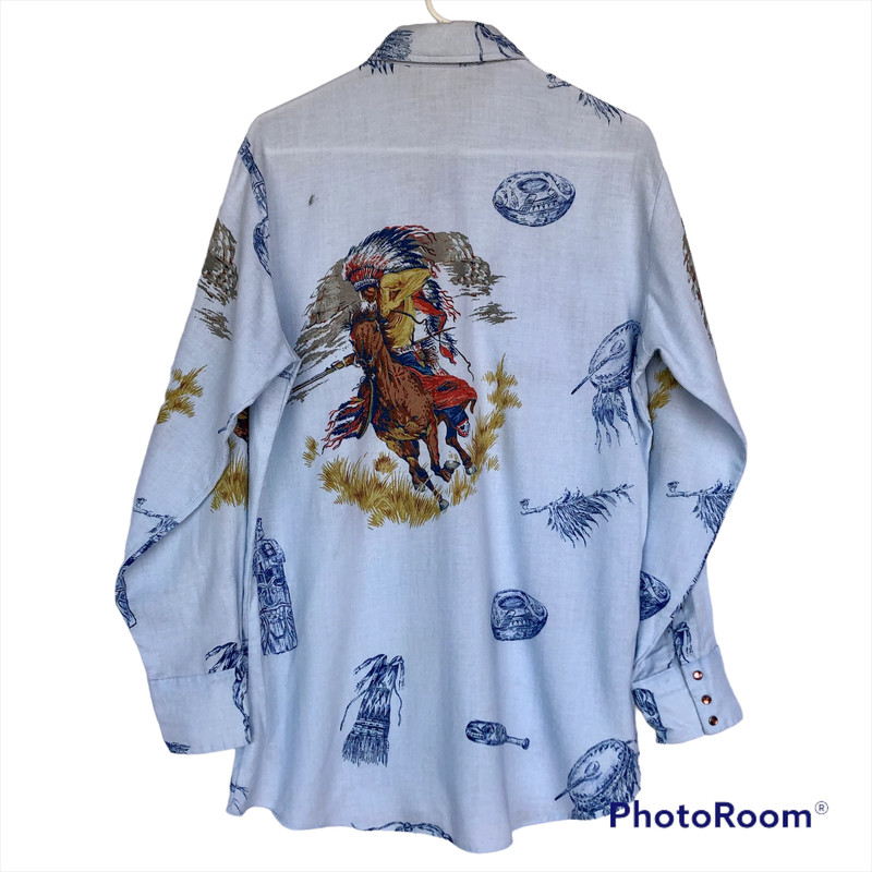 Vtg Roper by PMC Indian Warbonnet Blue Western Shirt Butterfly Collar Jewel Snap 1