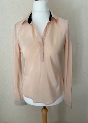 Maje Beige Silk Blouse with Black Trim Collar -Elegant Minimalist Design Size 1/uk 8, brand: Maje, condition: Very good, size: S / UK 8-10, £30.00, £32.20 includes Buyer Protection