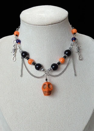 Collana chocker arancio e nera con un Teschio, état: Neuf avec étiquette, 5,00 €, 5,95 € Protection acheteurs incluse