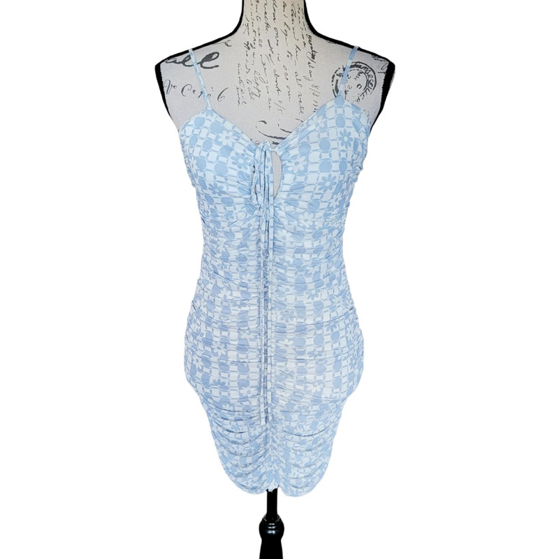 Mahina Small Blue and White Checkered Floral Dress 1