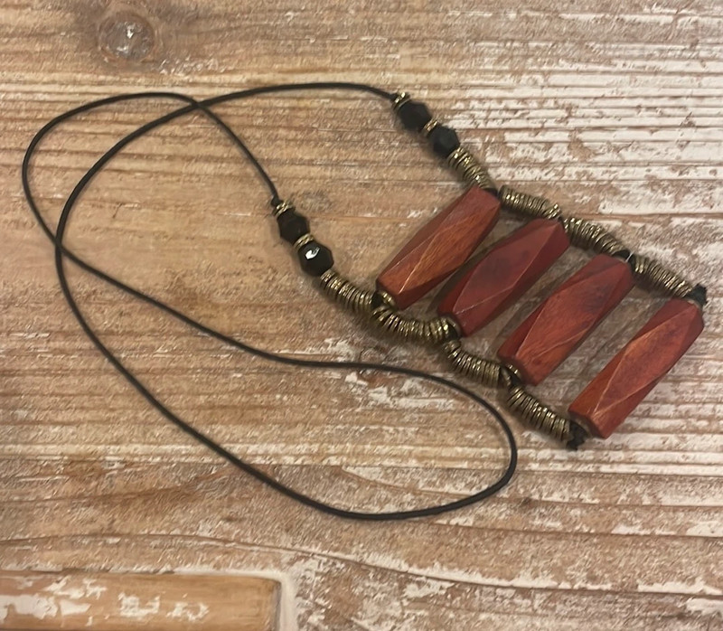 Vintage Native American Style Navajo Black Brown Wooden Beaded Ladder Long Pendant Necklace 3