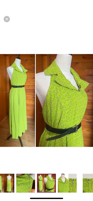 Vintage 70s Lime Green Dagger Collar Sleeveless Ditsy Floral Halter Maxi Dress 4