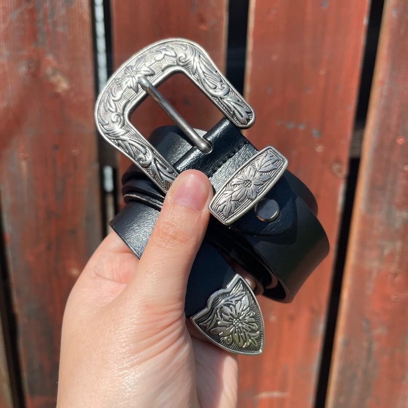 Vintage Western Black Leather Edgy Floral Buckle Silver Hardware Skinny Belt 2